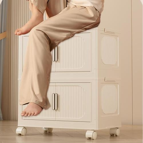 Cream White 19.69 Side Wide Folding Storage Cabinet ,3 Tiers,19.69x11.81x31.1,Collapsible Storage Bins With Magnetic Door, Plastic Storage Cabinet With Wheels