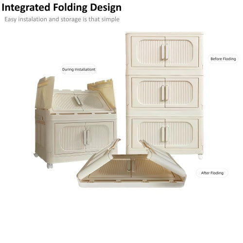 Cream White 19.69 Side Wide Folding Storage Cabinet ,3 Tiers,19.69x11.81x31.1,Collapsible Storage Bins With Magnetic Door, Plastic Storage Cabinet With Wheels
