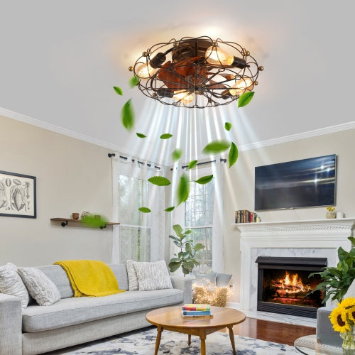Low Profile Cage Ceiling Fan With Light Remote Control, Built-in Modern Industrial Ceiling Fan Unavailable Platforms- Temu