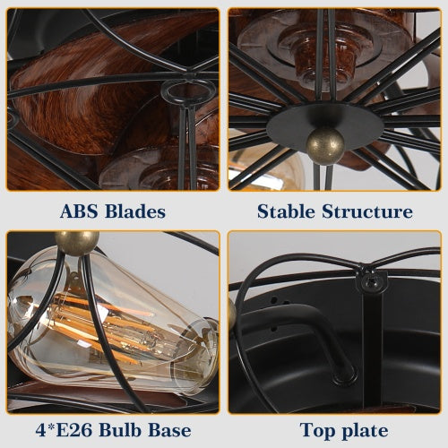 Low Profile Cage Ceiling Fan With Light Remote Control, Built-in Modern Industrial Ceiling Fan Unavailable Platforms- Temu