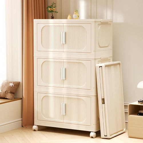 Cream White 19.69 Side Wide Folding Storage Cabinet ,3 Tiers,19.69x11.81x31.1,Collapsible Storage Bins With Magnetic Door, Plastic Storage Cabinet With Wheels