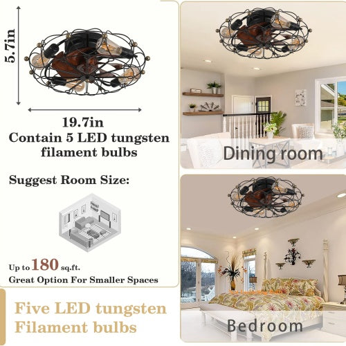 Low Profile Cage Ceiling Fan With Light Remote Control, Built-in Modern Industrial Ceiling Fan Unavailable Platforms- Temu