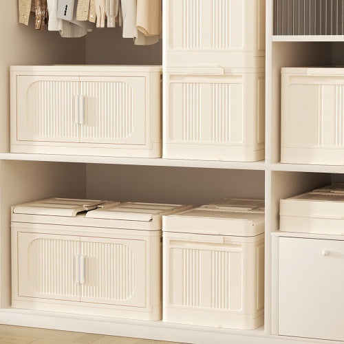 Cream White 19.69 Side Wide Folding Storage Cabinet ,3 Tiers,19.69x11.81x31.1,Collapsible Storage Bins With Magnetic Door, Plastic Storage Cabinet With Wheels