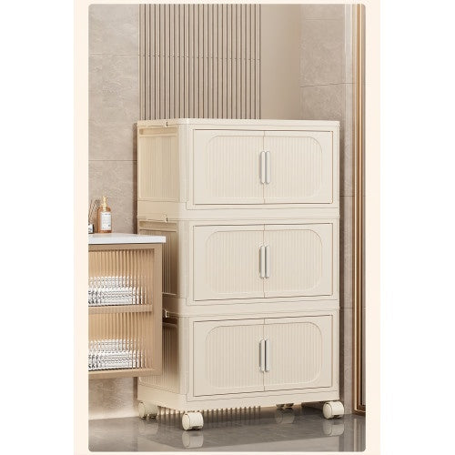 Cream White 19.69 Side Wide Folding Storage Cabinet ,3 Tiers,19.69x11.81x31.1,Collapsible Storage Bins With Magnetic Door, Plastic Storage Cabinet With Wheels